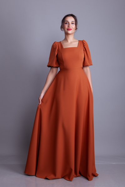 Bidoluelbise Cinnamon Square Neck Balloon Sleeve Maxi Length Evening Dress