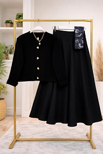 YEDİLALE Heart Buttoned Knitwear Cardigan Flawed Skirt Double Set [Cardigan Std Size, Skirt Size Included]