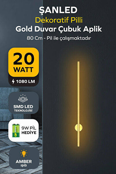 ŞANLED Dekoratif 20W İç Mekan Gold Kasa Amber Işık Rengi 80 cm Duvar Aplik Pİ...