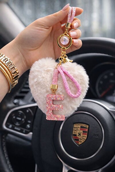 Lİ-ES Kalpli Peluş E harfi Pembe Renk Parlak Taşlı Çanta Charmı- Şık Aksesuar...