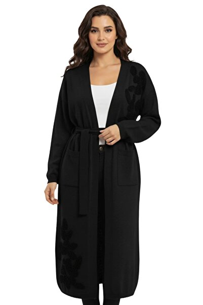 larocci Women's Embroidered Floral Detailed Belted Kimono Poncho