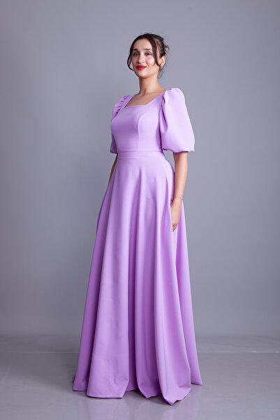 Bidoluelbise فستان سهرة طويل بأكمام بالون وياقة مربعة باللون الأرجواني