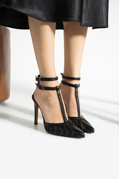 nuvilo Black Leather Mesh 10cm Thin Heels Double Belt Pointed Toe Stileto Wom...