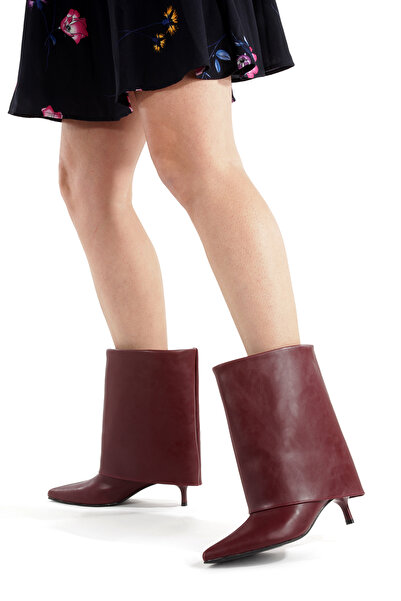 LUVETTO حذاء طويل من الجلد باللون العنابي ذو كعب رفيع 5 سم للموسم الجديد