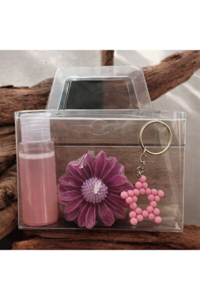 Tudi Home Şeffaf Çantalı Hediye Seti (Kolonya, Papatya Mum, Anahtarlık)