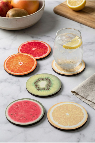 KaktüsKedi Set of 6 Coasters with Fruit Slice Design - Decorative & Non-Slip Base