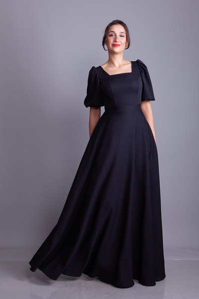 Bidoluelbise Black Square Neck Balloon Sleeve Maxi Length Evening Dress