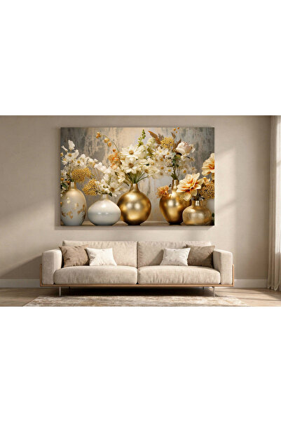Lona Sanat Gold Flowers in a Vase One Piece Canvas Wall Covering Decorative T...