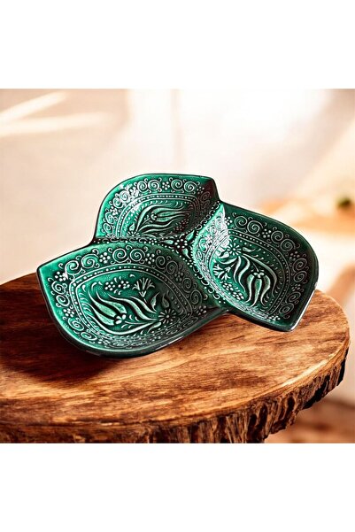 NADİR Dekoratif Lale İşlemeli Çini Seramik 3 Lü Çerezlik Kahvaltılık Yeşil Su...