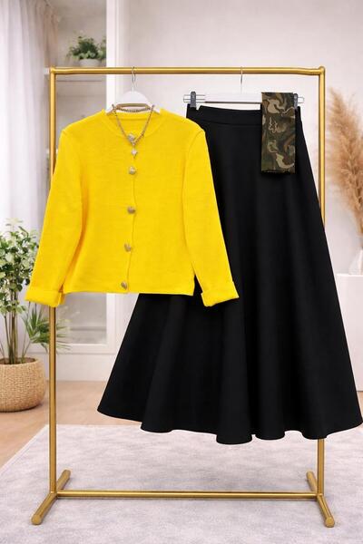 YEDİLALE Heart Buttoned Knitwear Cardigan Flawed Skirt Double Set [Cardigan Std Size, Skirt Size Included]