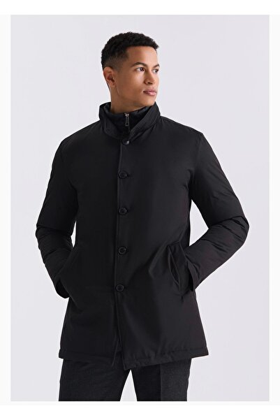 Jakamen Siyah Regular Fit Dik Yaka Düğmeli Mont