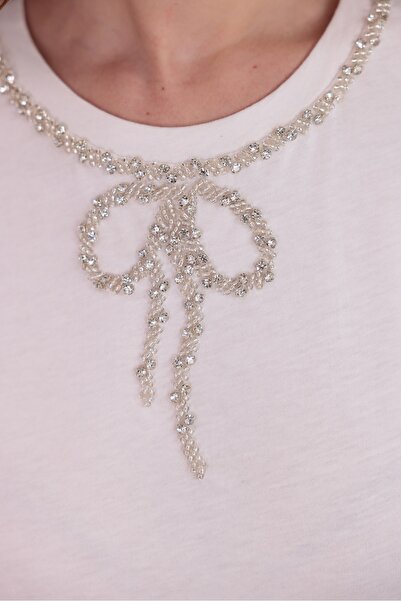 RENGARENG Women's White T-Shirt Women's Stone-Beaded Bow Tie Blouse