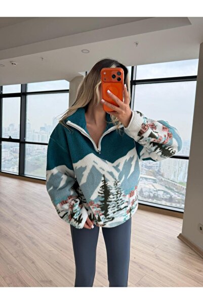 manana fashion Deer Mountain View Patterned Faux Wool Zippered Sweatshirt