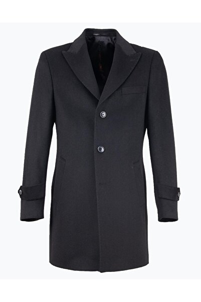 Erkek Siyah Yün Modern Fit Kaban
