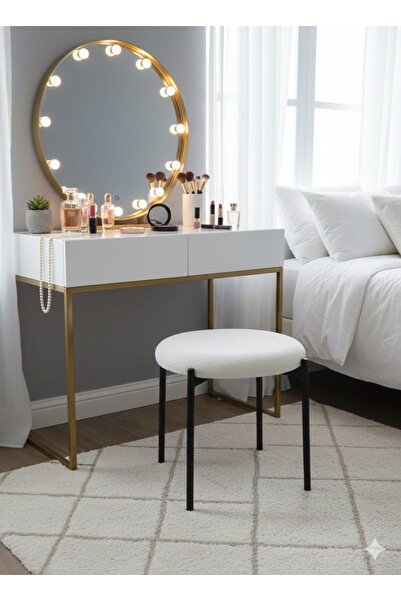 melse MAKYAJ MASASI&SALON İÇİN BEYAZ TEDY METAL AYAKLI PUF TABURE