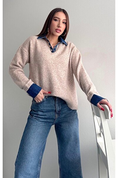 fujya Soft Textured Jean Paneled Wool Knitwear Sweater