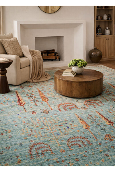 Vog Halı Efsun El Emeği Turkuaz Rengi Lyocell Özel Tezgah Etnik Uşak Desen Sa...
