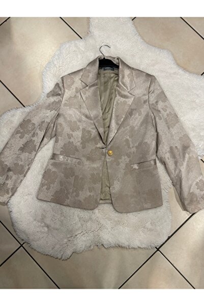 MODA Kadın Bej Jakarlı Desenli Tek Düğmeli Kısa Blazer Ceket