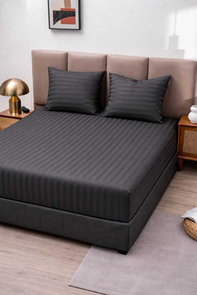 ANATOLIATEKSTILE Damask Bed Cover with Fine Stripes, Fitted Sheet + 2 Pillowcases