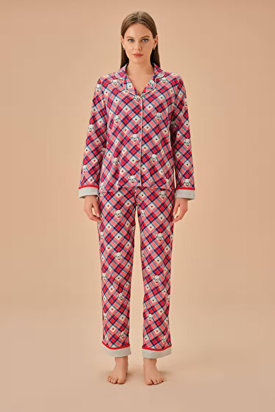 DREAM FASHION Gray Plaid Koalina Shirt Collar Pajama Set