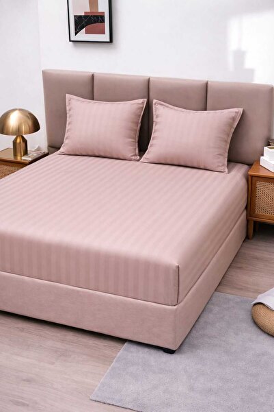 ANATOLIATEKSTILE Damask Bed Cover with Fine Stripes, Fitted Sheet + 2 Pillowcases