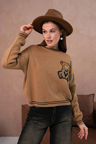 Park Karon Women's Crew Neck Stripe Detail Embroidered Knitwear Sweater 10519