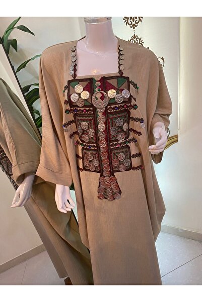 Veil Designer Luxurious linen jalabiya with wide sleeves, light brown color, with silver embroidery on the hand and front. One size fits all.