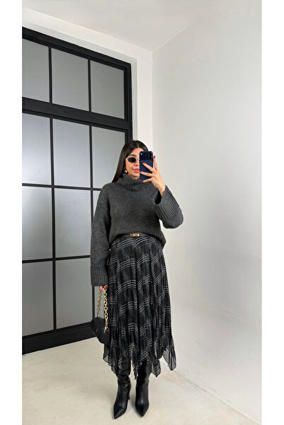 Lusin Women's black lined asymmetrical cut chiffon skirt