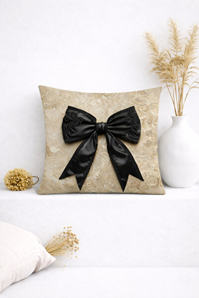 Ases Design Elegant Decorative Throw Pillow Cover with 3D Lace and Black Bow ...
