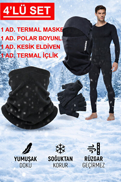 RDK Giyim 4'lü Kış Seti Termal Maske, Polar Boyunluk, Kesik Eldiven, İçlik Set