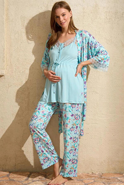 Anıl Litae floral print v-neck maternity pajama set with lace detail and tie-...