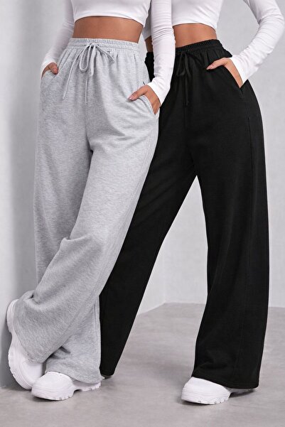 Le Vion Women's Two Piece Black Gray Loose Sweatpants Comfortable Fit Baggy