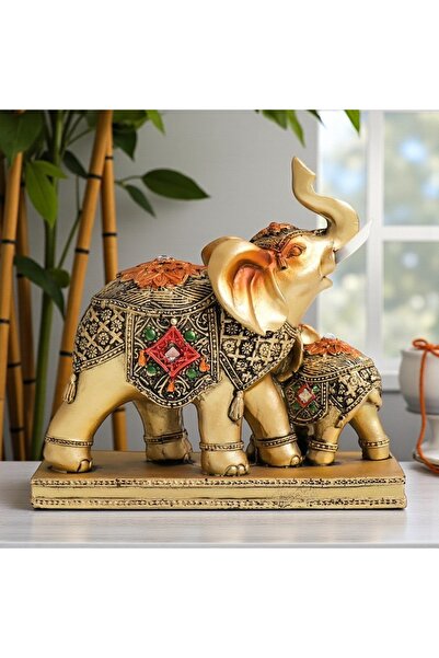 VDT STORE Lüks İşlemeli Anne Yavru Fil Biblo Feng Shui Şans Bereket Dekoratif...