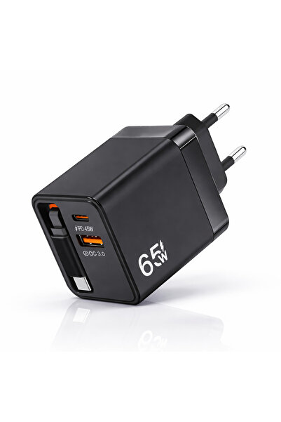 yk desing 65W Süper Hızlı Şarj Adaptörü – PD 45W + QC 3.0 Çekilebilir Kablolu