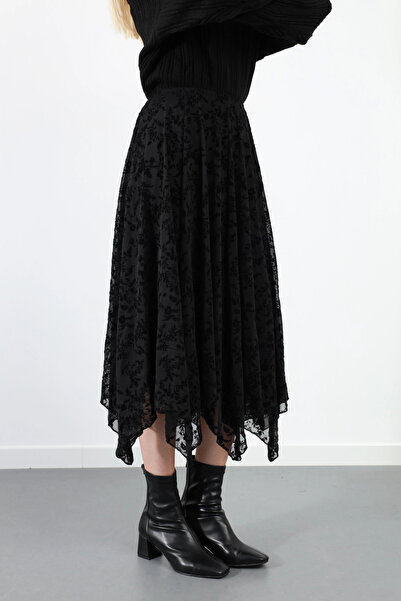 Lusin Women's Black Lined Asymmetrical Cut Premium Skirt