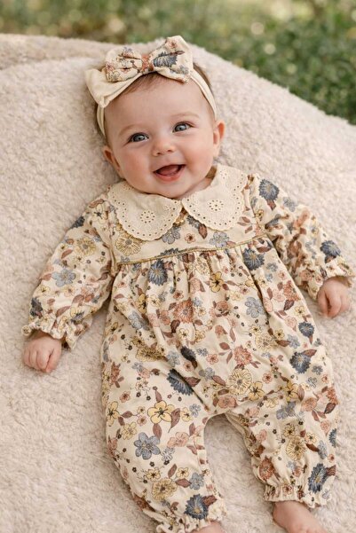 minicayzen Çiçek Desenli Tulum + Fiyonk Saç Bandı (0-3 / 3-6 / 6-9 Ay)