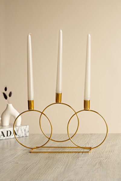 moontime alaçatı Gold Yuvarlak 3'lü Paslanmaz Metal Dekoratif Şamdan Seti