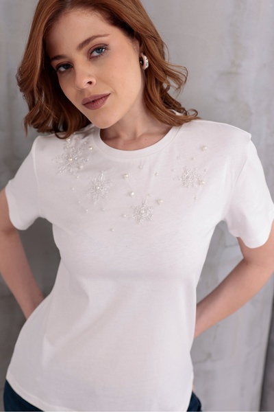 RENGARENG Women's T-Shirt with Beads White