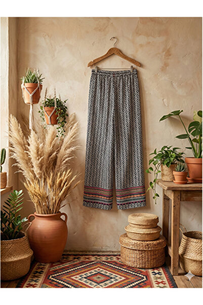 Namaste Vintage Ethnic Patterned Wide-Cut Elastic Waistband Bohemian Pants