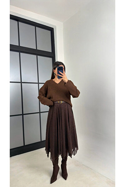 Lusin Women's Bitter Brown Lined Asymmetrical Cut Premium Skirt