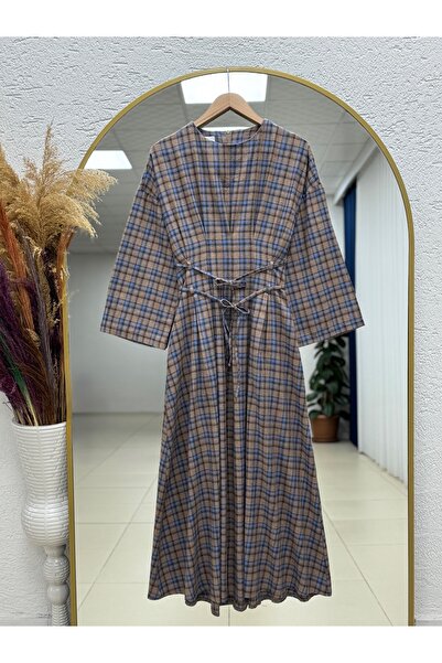 MİHRA STORE Güner Beli Çift Bağlamalı Ekose Elbise-EN800 Bisküvi