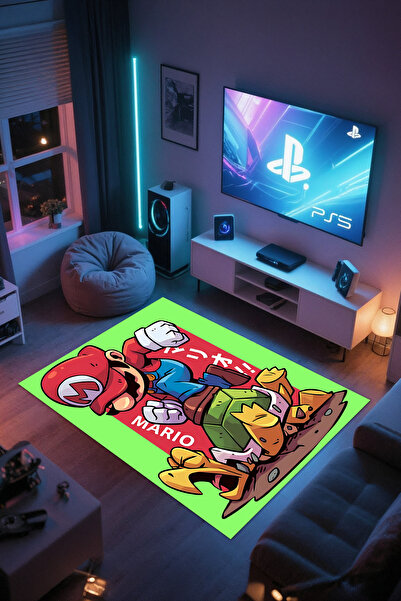 Reyhani Süper Mario 2 Kaymaz Taban Makinede Yıkanabilir Çocuk Gamıng Halısı Y...