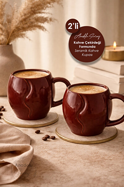 Anadolu Saray 2 Pcs Ceramic Coffee Cup in the Form of Coffee Bean |   Stylish and Modern Design