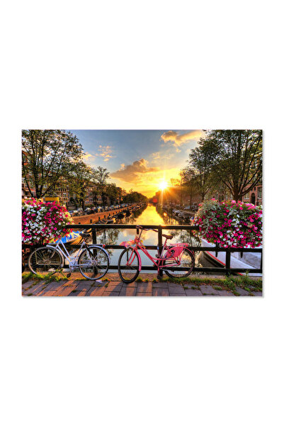 Printoot Amsterdam Canal Canvas Art Sunset City Landscape Print Bicycle Flowe...