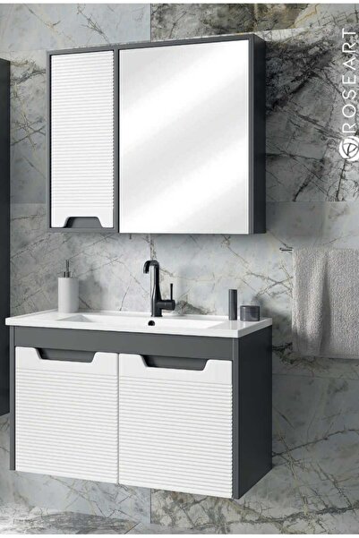 ROSEART BANYO SAFİR2 ANTRASİT BEYAZ 80CM BANYO DOLABI SETİ ÜST MODÜL + ALT MO...