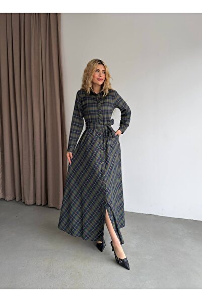 Ekim Store Plaid Patterned Belted Buttoned Maxi Dress
