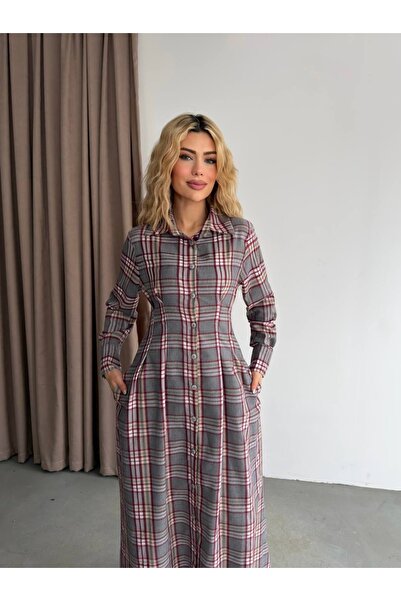 Ekim Store Plaid Patterned Waist-Fitted Dress