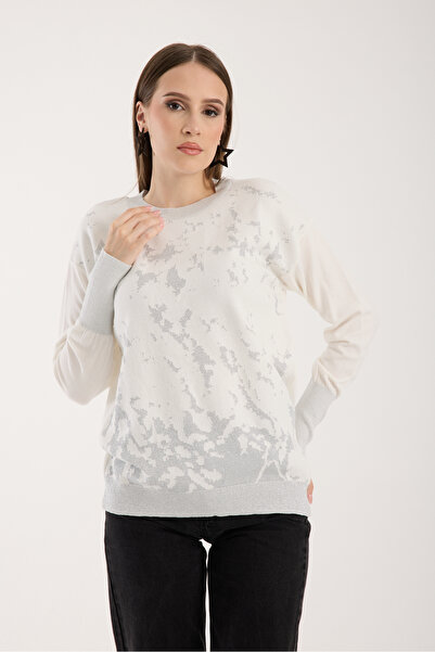 Moda Days Sim Patterned Wide Cuffed Crew Neck Knit Blouse