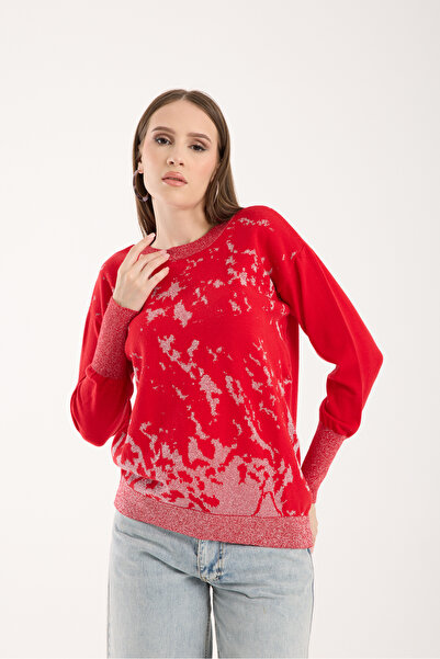 Clothes Fast Sim Patterned Wide Cuffed Crew Neck Knit Blouse