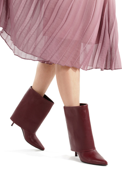 PİMORA Burgundy Leather Long Boots Pointed Toe 5 cm Thin Heel New Season